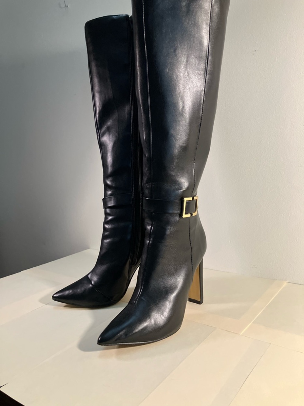 New York & Company Black Over-the-Knee Pointed Toe Boots with Gold Buckle